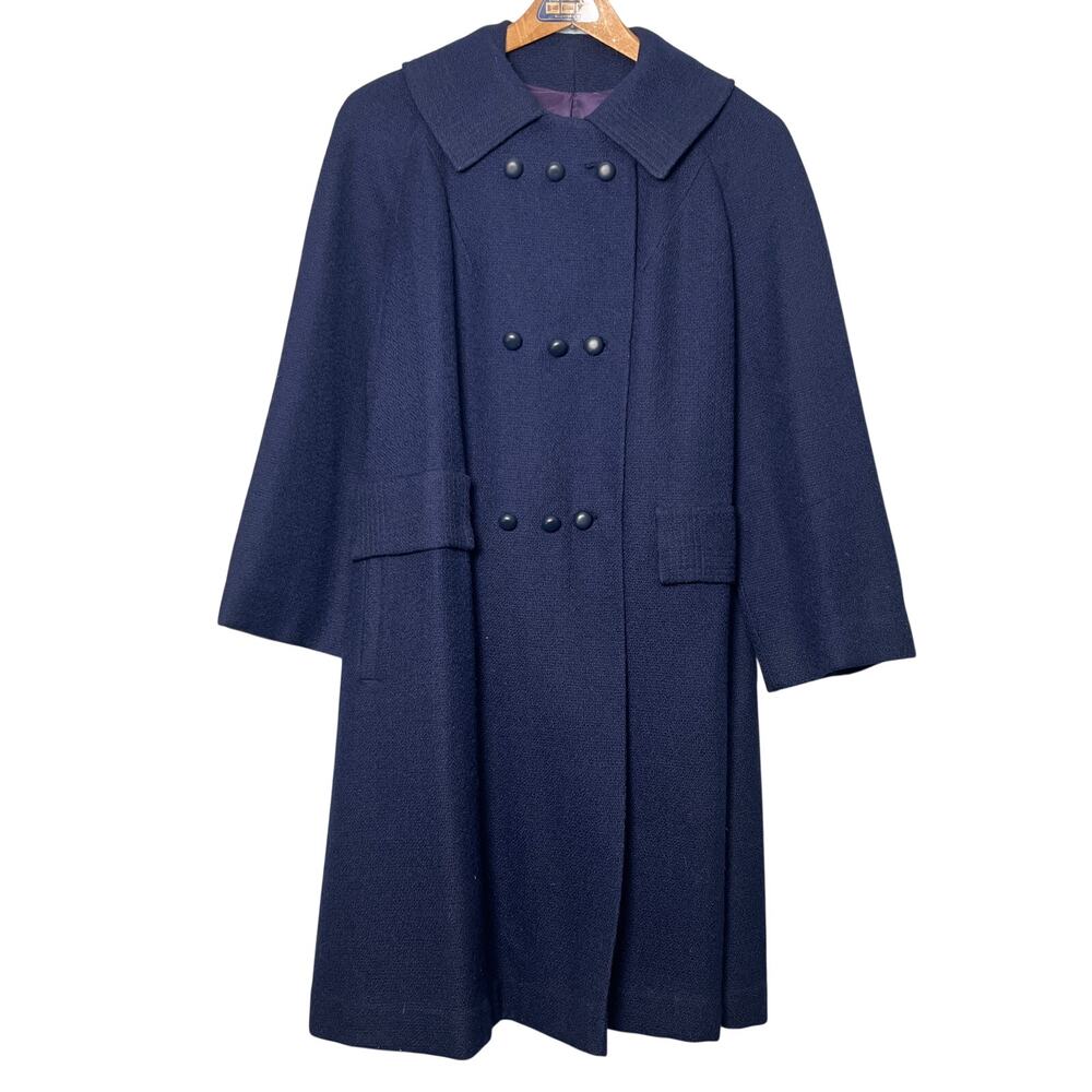 VTG 60s Navy Blue Wool Bouclé Coat Mid Century Mod Double Breasted Size Large